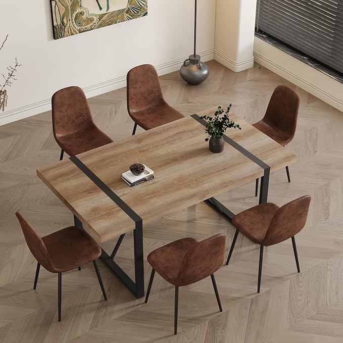 7 Piece Dining Table Set，Dinner Table Set for 6，71'' Kitchen Table and Suede Nap Fabic Chairs Set of 6，6 Chair Dining Table Set for Kitchen Dining Room