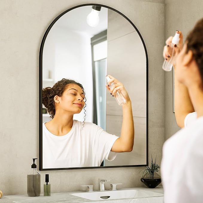 Arch Bathroom Mirror, 26x38 inch Arched Bathroom Mirror/Wall Mounted Vanity Mirror - Arch Metal Frame Wall Mirror for Bathroom Bedroom Living Room, Black