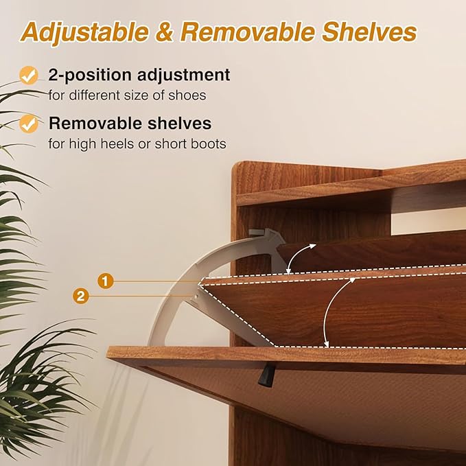 Narrow Shoe Cabinet with 3 Flip Drawers, Freestanding Shoe Organizer with Linen Doors, Slim Shoe Storage Cabinet Storage, Wooden Closed Shoe Rack for Entryway, Hallway, Living Room (Walnut)