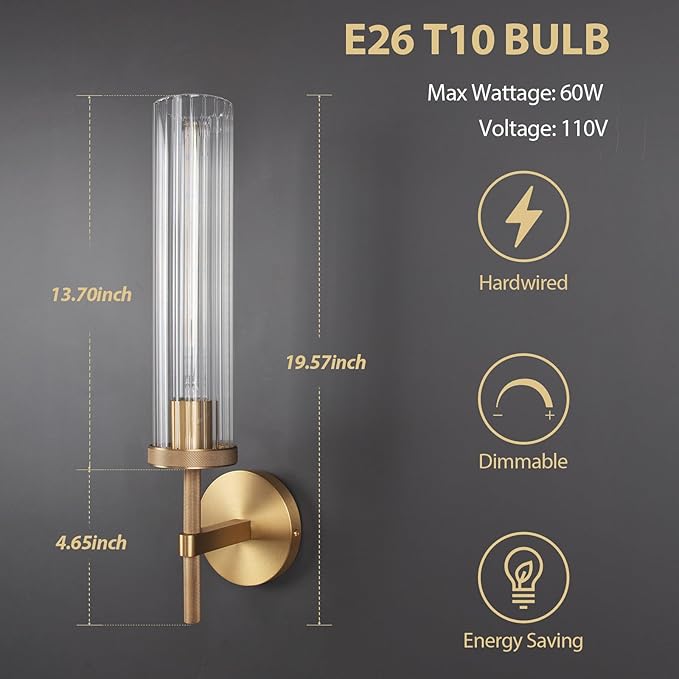 19.5" Knurled Brass Wall Sconce with Vertical Striped Glass Tube, Gold Bathroom Vanity Light Fixtures, Modern Lamp Lighting for Bedroom, Living Room, Hallway, Staircase, Mirror, Kitchen