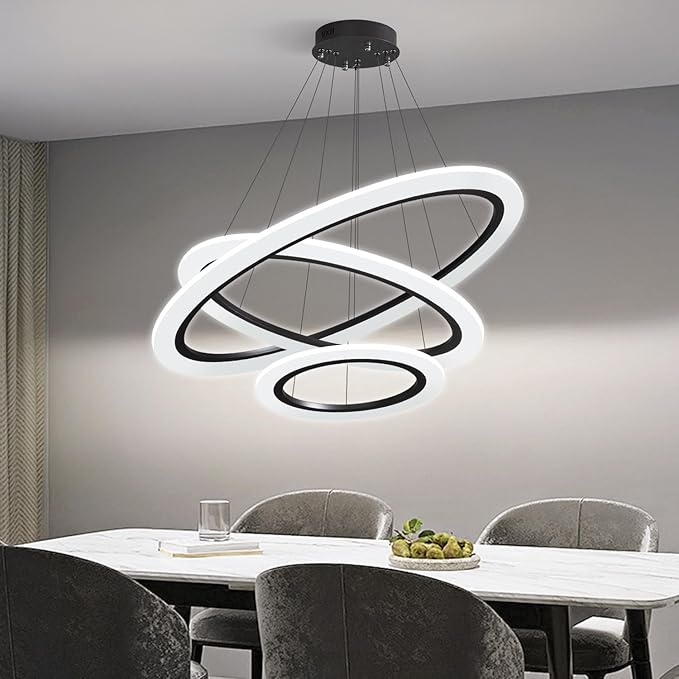 Modern LED Chandelier 3 Ring Chandelier for Dining Room Living Room Pendant Lighting High Ceiling Hanging Light Fixture for Bedroom Foyer Black