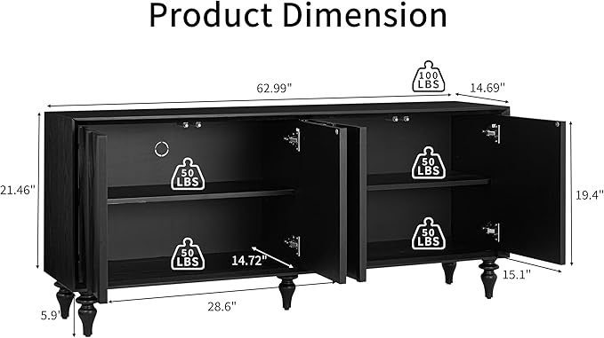 63" TV Stand with Storage, 4 Doors Modern Entertainment Center Sideboard Buffet Cabinet with Adjustable Shelves, TV Media Console Table for Living Room, Black