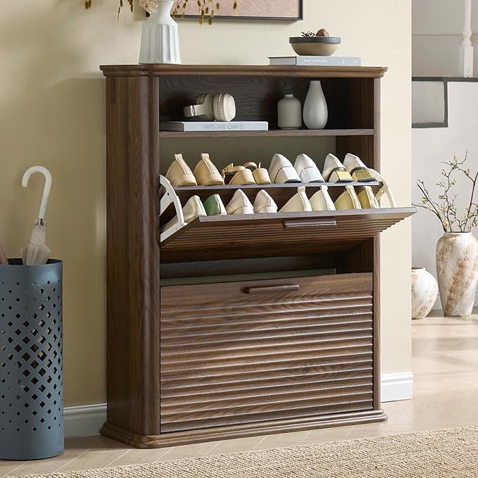 Okvnbjk Fluted Narrow Shoe Cabinet with 2 Flip Drawers, Shoe Storage Cabinet with Open Storage & Curved Profile Design, Wood Shoes Rack for Entryway, Hallway, Dark Walnut