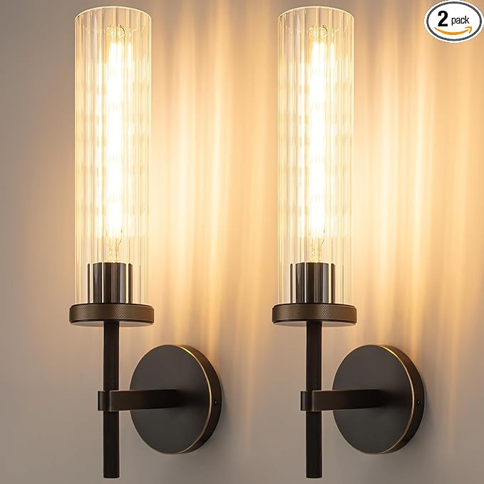 19.5" Knurled Brass Wall Sconces Set of 2, Black Gold Bathroom Vanity Light Fixtures with Vertical Striped Glass Tube, Modern Lamp Lighting for Bedroom, Living Room, Hallway, Staircase, Mirror