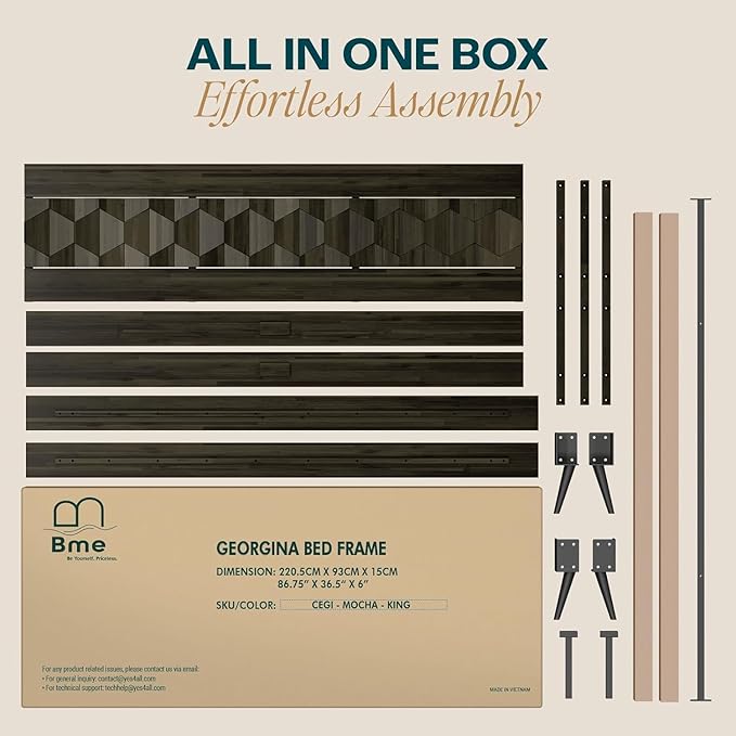 Bme Georgina King Size Bed Frame and Headboard, Signature Handcrafted Geometric, US Patent Pending Design, Solid Wood, No Box Spring Needed, 12 Strong Wood Slats Support, Easy Assembly, Mocha