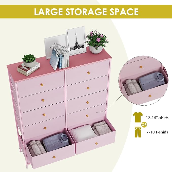 Arlopu 12-Drawer Dresser, 35.2’‘ Widened 6-Layer Fabric Storage Tower w/Textured Print Fabric Bins, Tall Chest Organizer Unit for Living Room, Hallway, Nursery, Closets, Adjustable Feetpad