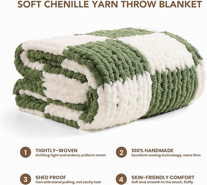 L'AGRATY Chunky Knit Blanket Throw: 60''x80'' Chenille Chunky Knitted Throw Blankets for Twin Bed Couch - Handmade Thick Cable Knit Blanket - Large Crochet Blankets for Home Decor(Green Checkered)