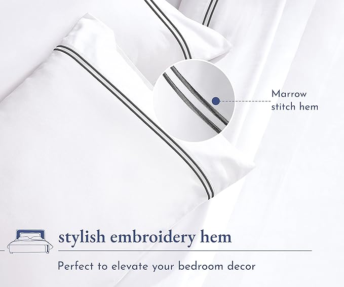 California Design Den Luxury Queen Size Sheet Set - 100% Cotton, 600 Thread Count Deep Pocket Queen Sheets, Hotel-Quality Bedding with Sateen Weave - White Embroidered Gray