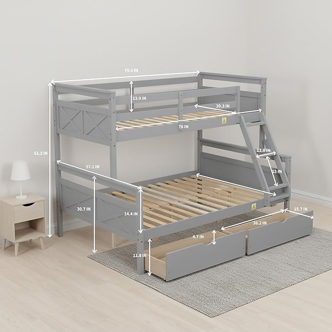 Twin Over Full Bunk Bed with Drawers, Convertible to 2 Separate Beds, Twin Bed Frame with Storage, Ladder and Safety Guardrails, No Box Spring Needed, Perfect for Kids Teens Adults Bedroom, Gray