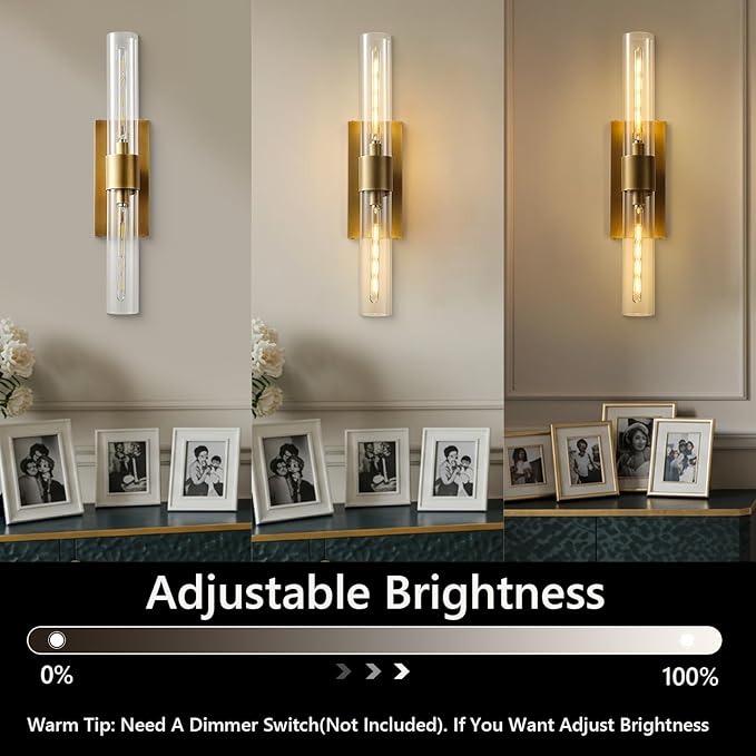 Brass Wall Sconce Light, 2-Light Bathroom Vanity Light Over Mirror, 22.8" Gold Dimmable Indoor Wall Sconce with Glass Tube, Horizontal or Vertical Linear Wall Lighting for Living Room