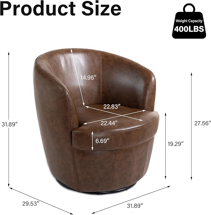 Swivel Barrel Chair, Modern Round PU Leather Accent Armchair for Living Room, Bedroom, Comfy Club Reading Chairs for Adults (Leather Coffee, Set of 2)