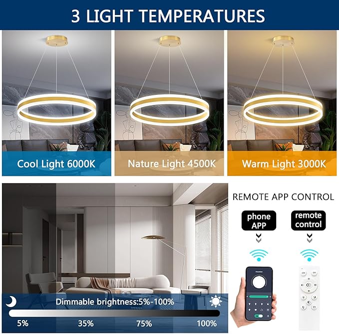 D23.6'' Modern Ring Chandelier for Dining Room LED Dimmable Pendant Lighting High Ceiling Chandelier for Living Room Foyer Bedroom Entryway 3000K-6000K Gold