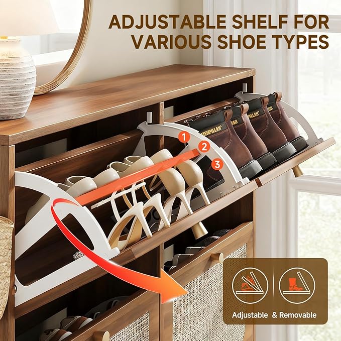 Nicetree Freestanding Arched Rattan Accent Ultra Slim Shoe Cabinet for Entryway - 4 Flip Drawers & 3-Tier Adjustable Shelves, Farmhouse Modern Rustic Shoe Rack for Hallway, Foyer, Living Room