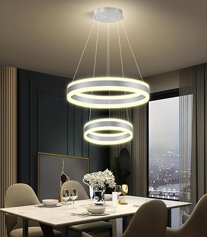 D7.8''+15.7'' Modern Ring Chandelier for Dining Room LED Dimmable Pendant Lighting for Living Room Foyer Bedroom Entryway 3000K-6000K Silver