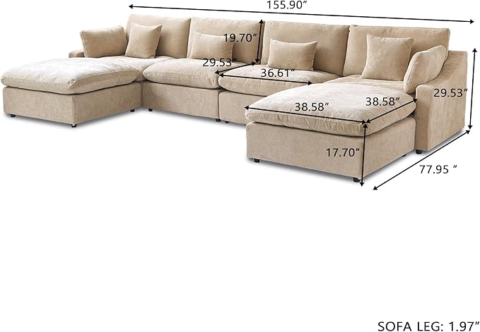 WJShome Cloud Couch Modular Sectional Sofa for Living Room, Down Filled 160" U Shaped Couch with Ottoman,Modern 6 Seater Convertible Couches,All Covers Washable&Replaceable