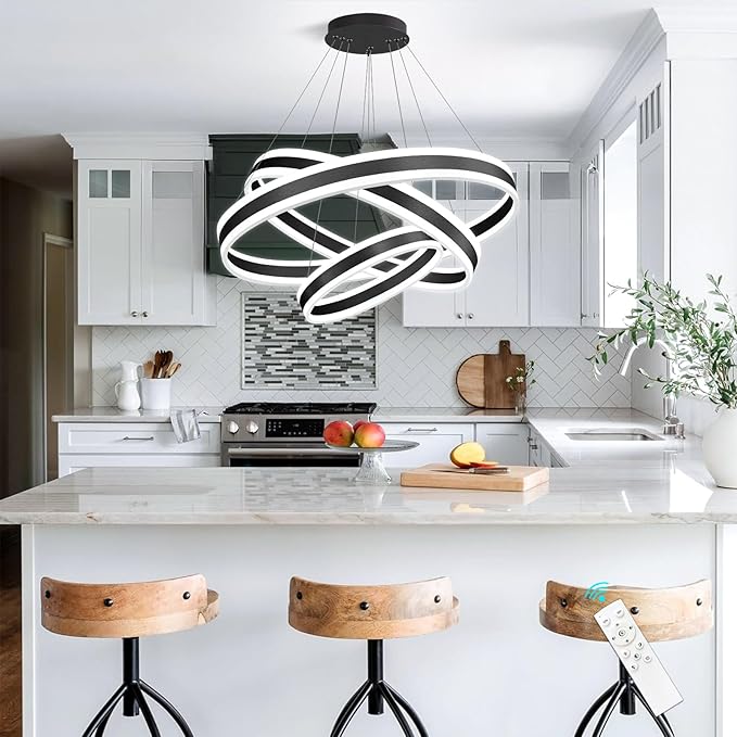 D23.6'' Modern LED Dimmable Chandeliers for Dining Room 3-Rings High Ceiling Chandelier for Living Room Adjustable Pendant Light Flush Mount Light Fixture for Foyer Entryway Bedroom 3000K-6000K