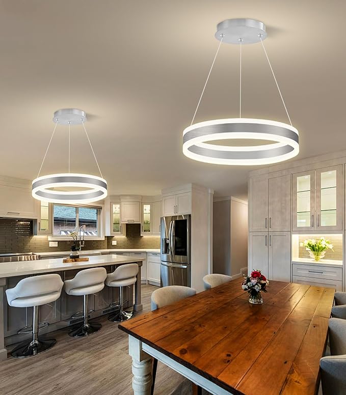 D15.7'' Modern Ring Chandelier for Dining Room LED Dimmable Pendant Lighting High Ceiling Chandelier for Living Room Foyer Bedroom Entryway 3000K-6000K Silver