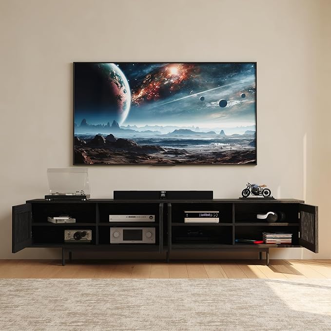 POVISON Mid-Century Modern TV Stand with Slatted Doors, Fully Assembled 94.49" Wood Media Console, TV Console with Tall-cast Metal Legs, Entertainment Center with Storage for Living Room