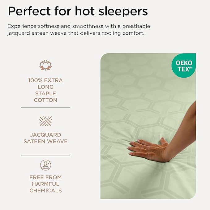 Threadmill 100% Cotton Sheets for Full Size Bed - 600 Thread Count Full Bed Sheets Set with 16” Deep Pocket - Jacquard Sateen Weave 4-Piece Bedding Set with Cooling Effect, Sage Green