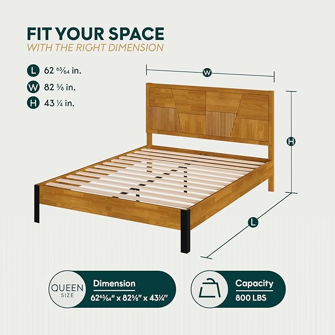 Bme Trapeze Queen Bed Frame – Modern Solid Wood Bed with Smooth Pattern Headboard, Black Metal Legs, Teak Brown Finish – Durable Queen Size Platform Bed for Contemporary Bedrooms