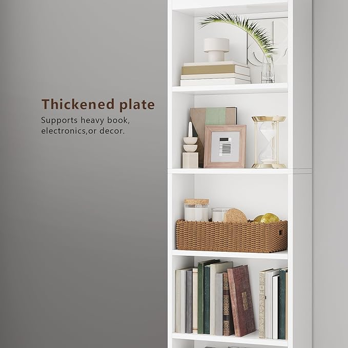 5-Tier Bookcase,Open Storage Shelf,Narrow Tall Book Shelf,Freestanding Display Storage Shelves Suitable for Home Office,Living Room and Bedroom,White