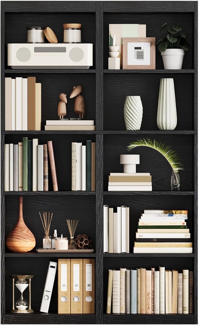 5-Tier Bookcase Set of 2, Open Storage Shelf, Narrow Tall Book Shelf, Freestanding Display Storage Shelves Suitable for Home Office, Living Room and Bedroom, Black