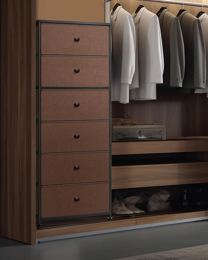 Tall Fabric Dresser for Bedroom, Vertical Storage Organizer Tower with 6 Drawers, Chest of Drawers with Bins, Steel Frame, Wood Top for Bedroom, Closet, Entryway Brown