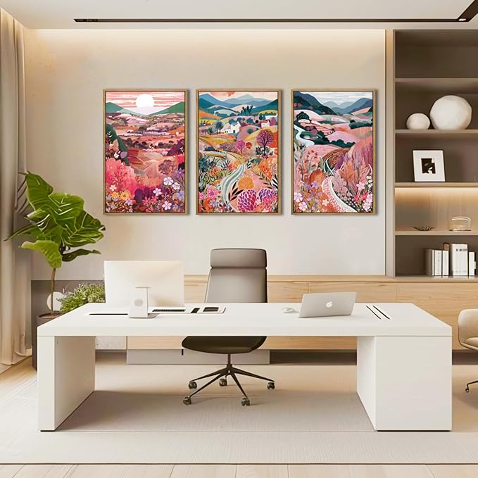 Anyzal Large Colorful Mountain Floral Wall Art Framed Pink Nature Landscape Painting Sunset Scenery Wall Decor for Living Room Bedroom Office 16x24 Inch Set of 3