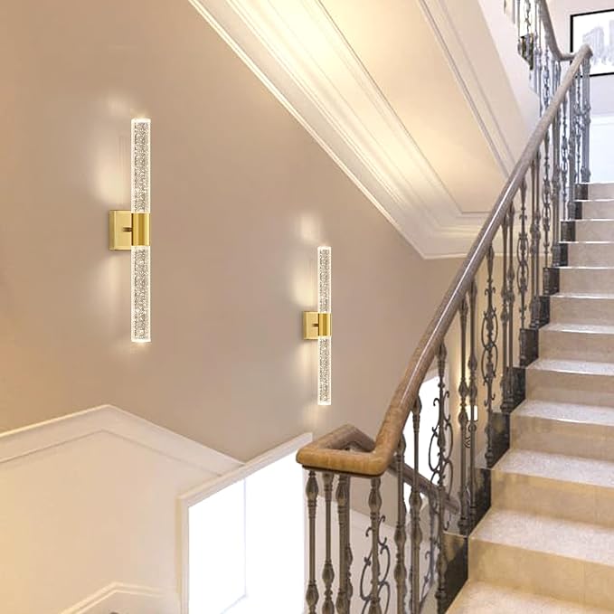 Brushed Gold LED Wall Sconces Set of 2 with LED Warm Light Interior Glam Crystal Wall Light, Hardwired