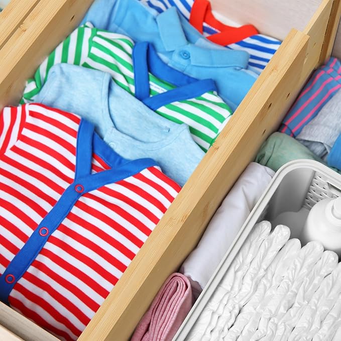 4 Pcs Deep Drawer Dividers for Clothes Adjustable 5" High Expandable from 15"-22" Bamboo Drawer Wooden Separators Spring Loaded for Dresser Baby Clothes Kitchen Office Storage