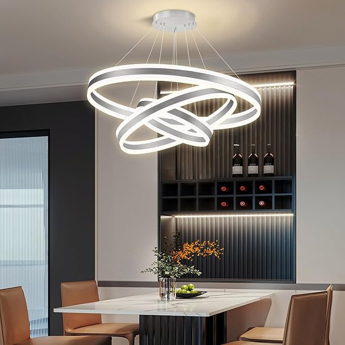 Modern LED Dimmable Chandeliers for Dining Room 3-Rings High Ceiling Chandelier for Living Room Adjustable Pendant Light Flush Mount Light Fixture for Foyer Entryway Bedroom |Silver