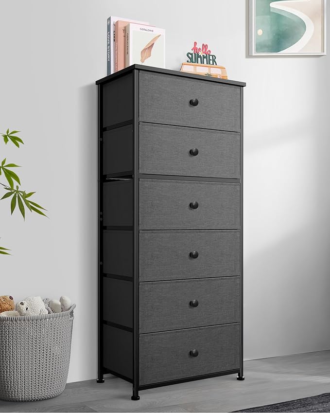 Tall Fabric Dresser for Bedroom, Wide Vertical Storage Organizer Tower with 6 Drawers, Chest of Drawers with Bins, Steel Frame, Wood Top for Bedroom, Closet, Entryway Black