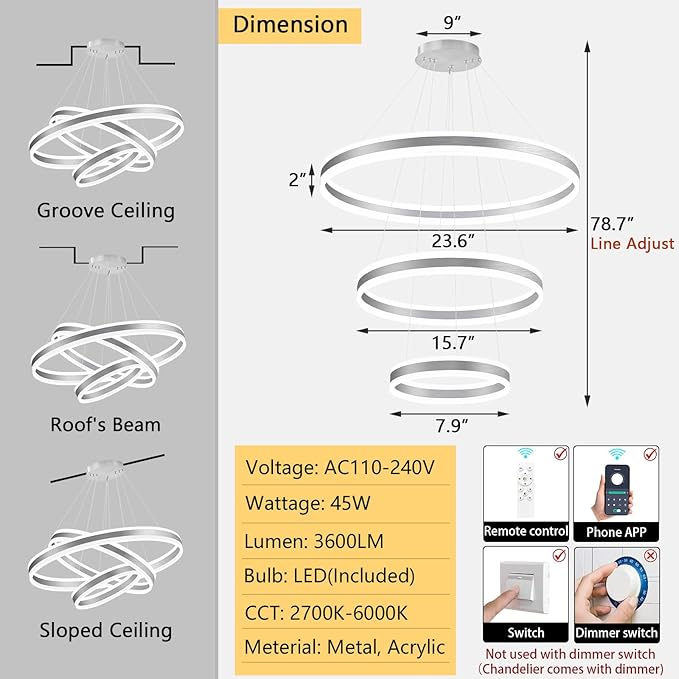 Modern LED Dimmable Chandeliers for Dining Room 3-Rings High Ceiling Chandelier for Living Room Adjustable Pendant Light Flush Mount Light Fixture for Foyer Entryway Bedroom |Silver