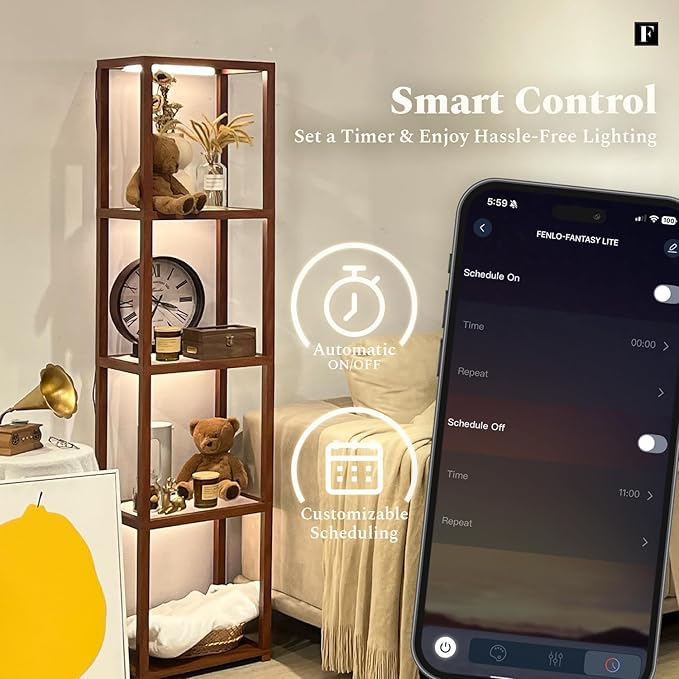 FENLO LED Display Shelf Unit – Dimmable Lighted Furniture for Bedroom, Living Room, or Office – Glass Curio Cabinet Shelf Lamp with App + Remote Control + Adjustable Lighting