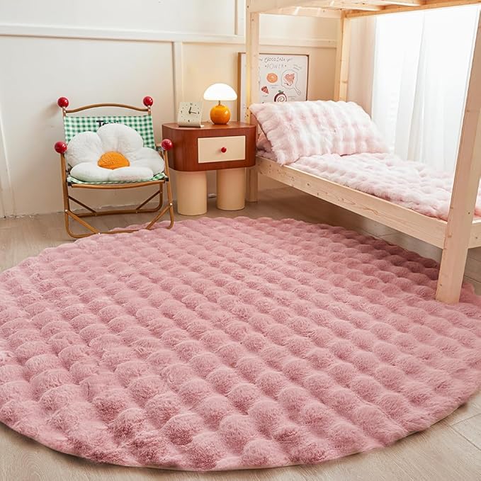 Pink Round Rabbit Plush Rug for Bedroom Living Room Sofa,5'X5' Faux Fur Fluffy Shaggy Circle for Kids Teen Girls,Furry Carpet Circular for Nursery Baby