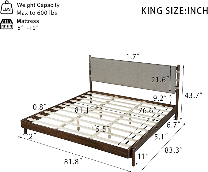 King Size Platform Bed Frame with Headboard, Premium Rubber Wood Mid Century Modern Bed, Sturdy Slat Support, Easy Assembly (Mattress Not Included) (Light Walnut, King)