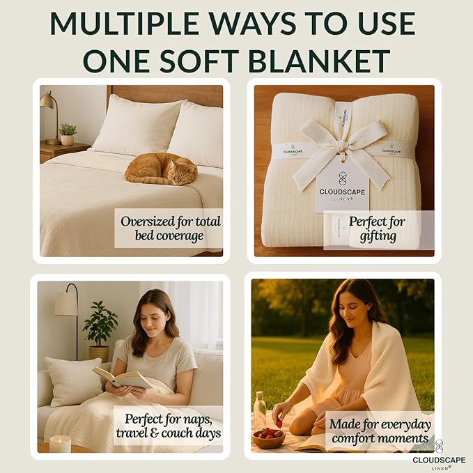Cloud Scape Linen 100% 8-Layer Cotton Muslin Blanket Queen Size,Lightweight All Season Blanket for Bed, Oversized Cotton Blankets, fits Full Size Bed, 92x92, Ivory