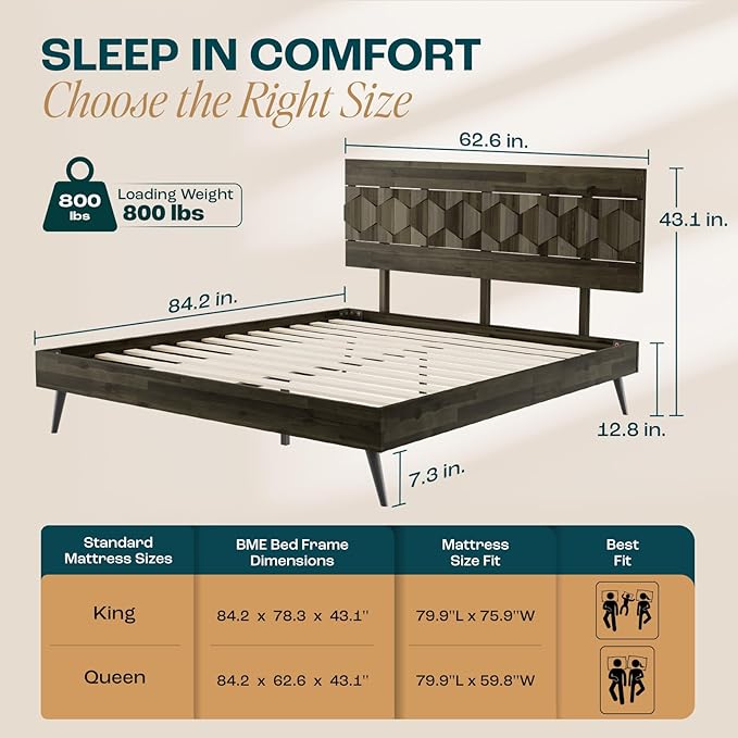 Bme Georgina Signature Mocha Bed Frame, Queen Bed Frame and Headboard Handcrafted Geometric, Mid Century Modern, Solid Acacia Wood, No Box Spring Needed, 12 Strong Wood Slats Support, Easy Assembly