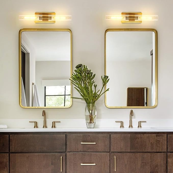 Modern Brass and Glass Wall Sconces, 24" Vanity Lights for Bathroom 2 Lights, Horizontal or Vertical Linear Wall Sconce,Indoor Sconces Wall Lighting,Bathroom Wall Sconce Set of Two