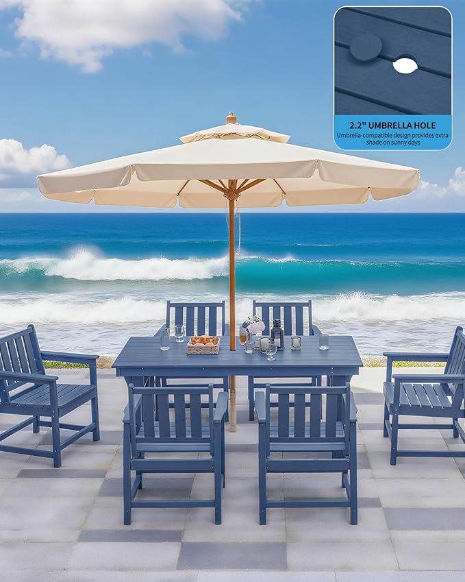 QUASCO Outdoor Patio Dining Table Set, 7-Piece Outdoor HDPE Dining Furniture Sets with Umbrella Hole Cut-Out Table and 6 Chairs for Patio, Garden, Backyard, Lawn and Poolside, Navy