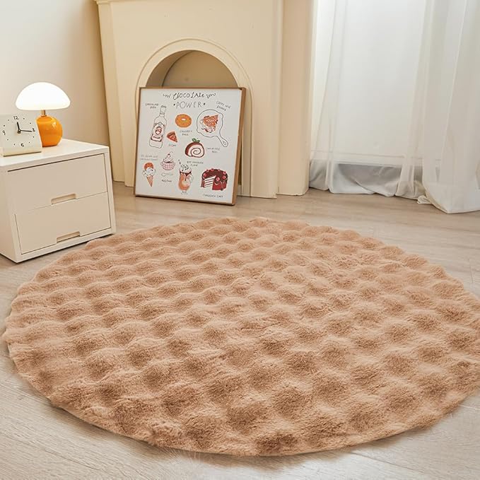 Coffee Round Rabbit Plush Rug for Bedroom Living Room Sofa,4'X4' Faux Fur Fluffy Shaggy Circle Rug for Kids Teen Girls Room,Furry Carpet Circular Rugs for Nursery Baby Room