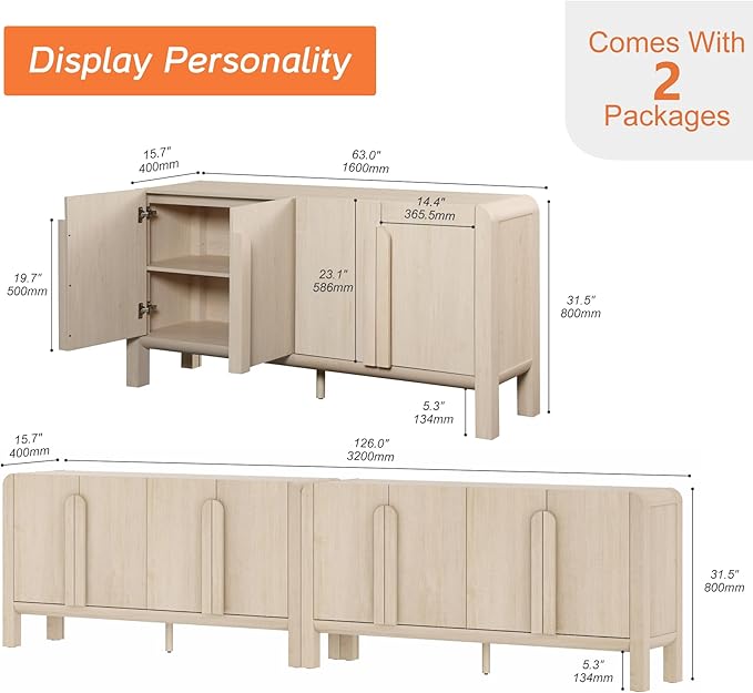 WAMPAT Modern TV Stand for TVs Up to 120 inches, 126" W Farmhouse Entertainment Center with Adjustable Shelf and 4 Doors, Media Console Table TV Cabinet for Living Room, Light Oak