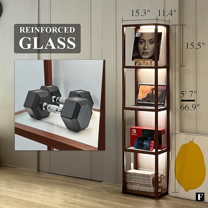 FENLO LED Display Shelf Unit – Dimmable Lighted Furniture for Bedroom, Living Room, or Office – Glass Curio Cabinet Shelf Lamp with App + Remote Control + Adjustable Lighting