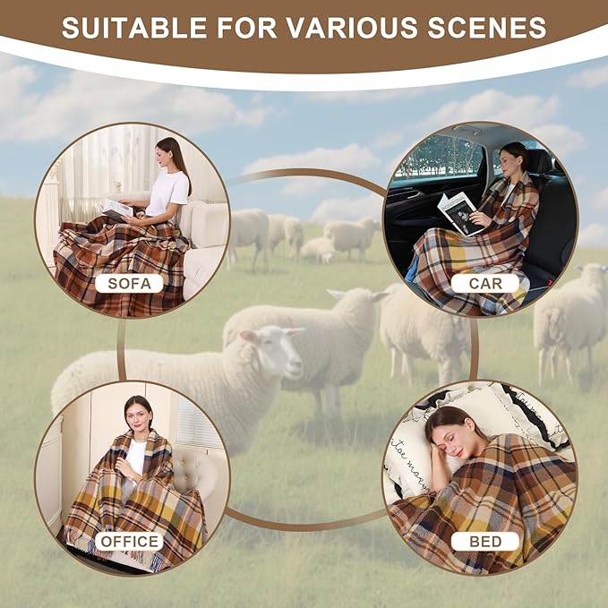 Brown Plaid Throw Blanket for Couch,100% Wool Throw Blanket for Home Decor, Soft Lightweight Cozy All Season Decorative Vintage Blankets for Travel,Bed, Sofa, Chair, Outdoor 55'' x 83''/2LBS