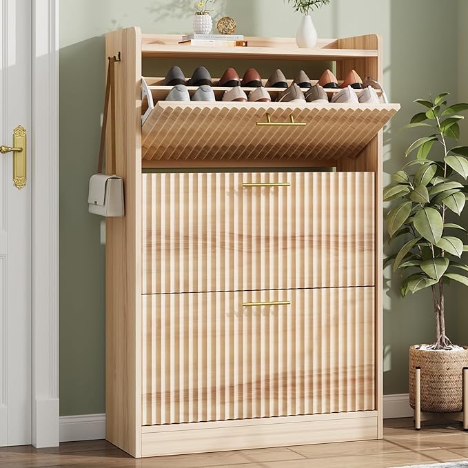 Shoe Storage Cabinet with 3 Flip Drawers, Fluted Freestanding Shoe Cabinet Storage for Entryway with Adjustable Shelf, Hidden Shoe Rack Cabinet for Foyer, Hallway (Natural Wood)