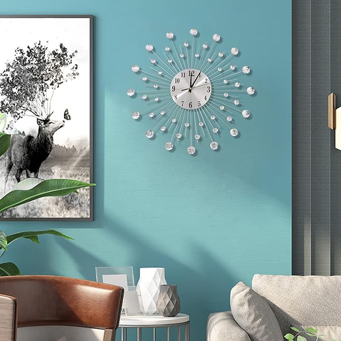 19.7 Inch Large Wall Clock for Living Room Decor, Non-Ticking Quiet Modern Metal Starburst Bling Silver Crystal Wall Clocks Decor for Bedrooms Kitchen Decorative