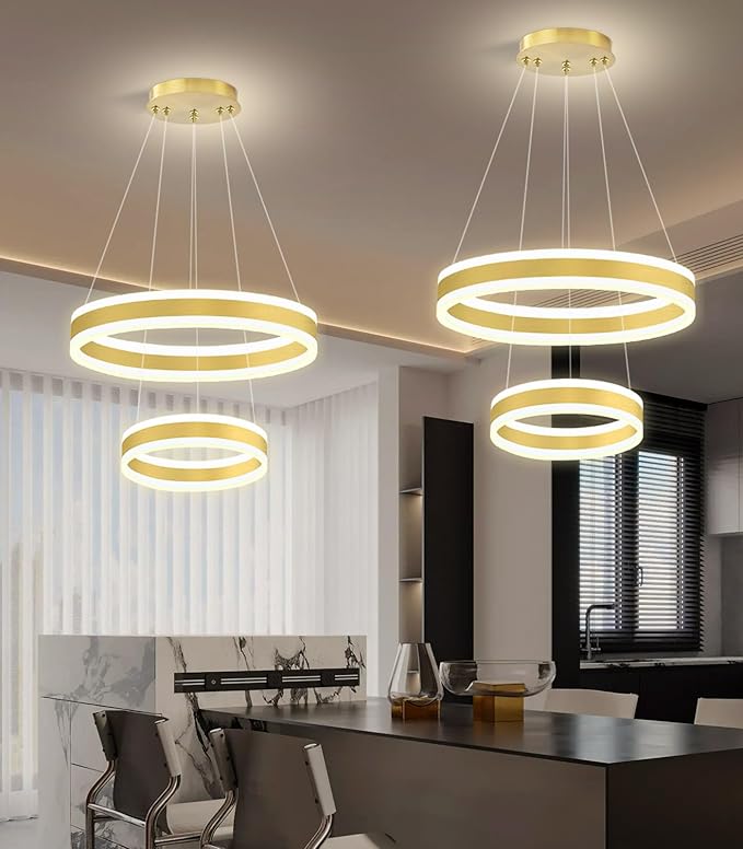 D7.8''+15.7'' Modern Ring Chandelier for Dining Room LED Dimmable Pendant Lighting for Living Room Foyer Bedroom Entryway 3000K-6000K Gold