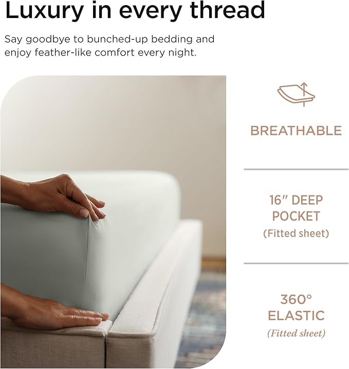 Threadmill 100% Cotton Sheets for Cal King Size Bed - 600 Thread Count Cal King Bed Sheets Set with 16” Deep Pocket - Sateen Weave 4-Piece Bedding Set with Cooling Effect, Light Grey