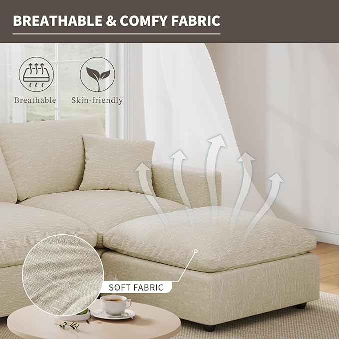 Cloud Couches for Living Room, 95.4" 4-Seater L Shaped Modular Sectional Sofa, Convertible Cloud Sofa with Ottoman, Down Filled Wide & Deep Seat, Removable Washable Cushion Covers