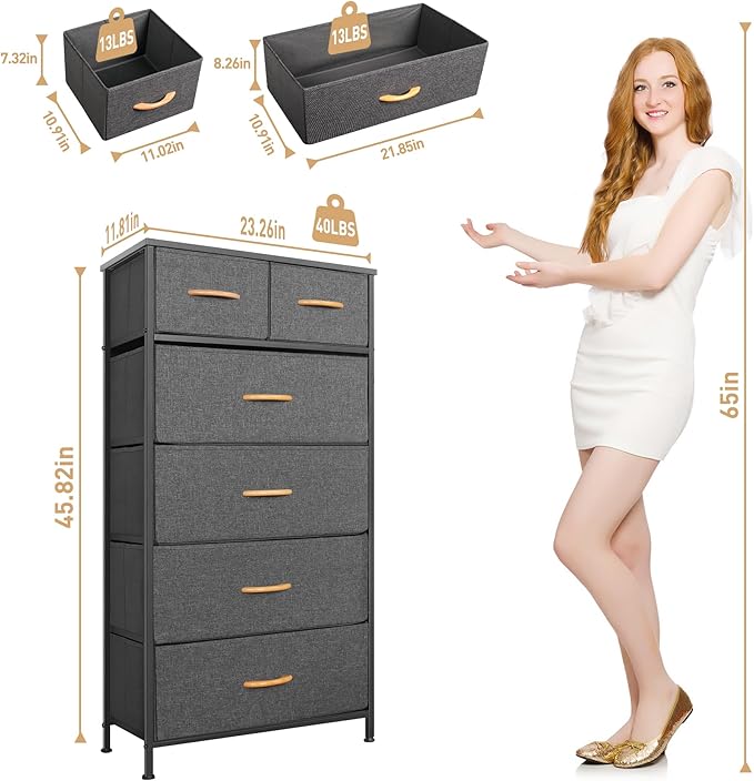 Tall Dresser for Bedroom, Vertical Storage Organizer Tower with 6 Drawers, Chest of Drawers with Fabric Bins, Steel Frame, Wood Top for Bedroom, Closet, Entryway- Grey